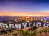 Los Angeles, California, USA The Hollywood sign overlooking Los Angeles at sunset. 