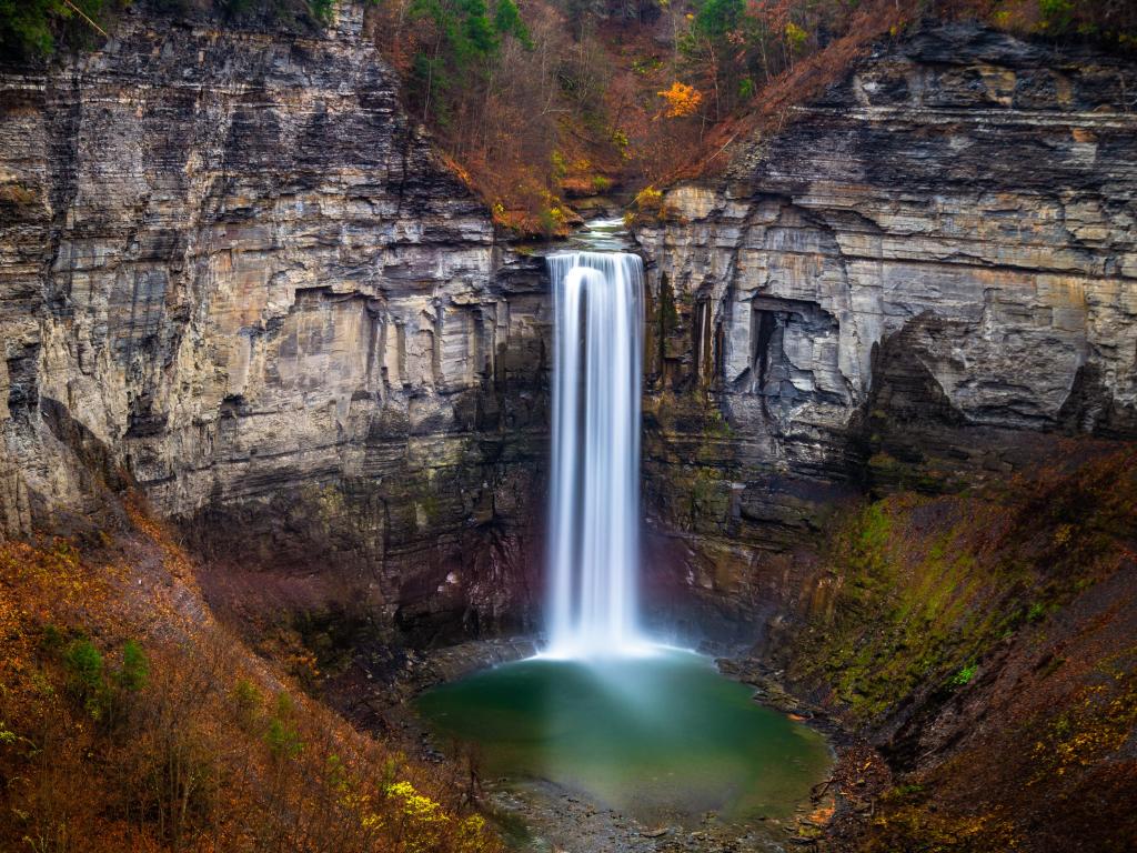 Long exposure view of the Taughannock Falls in New York from the upper viewing platform on a fall day.