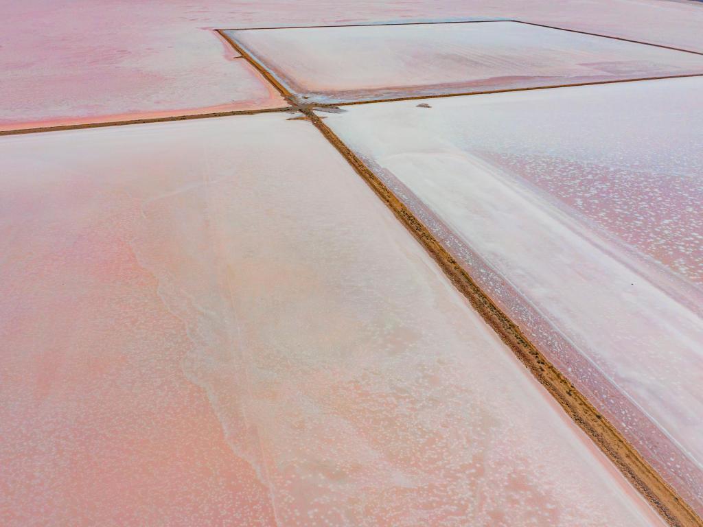Aerial Drone Photograph of Pink Salt Lake Bumbunga in Lochiel, South Australia.