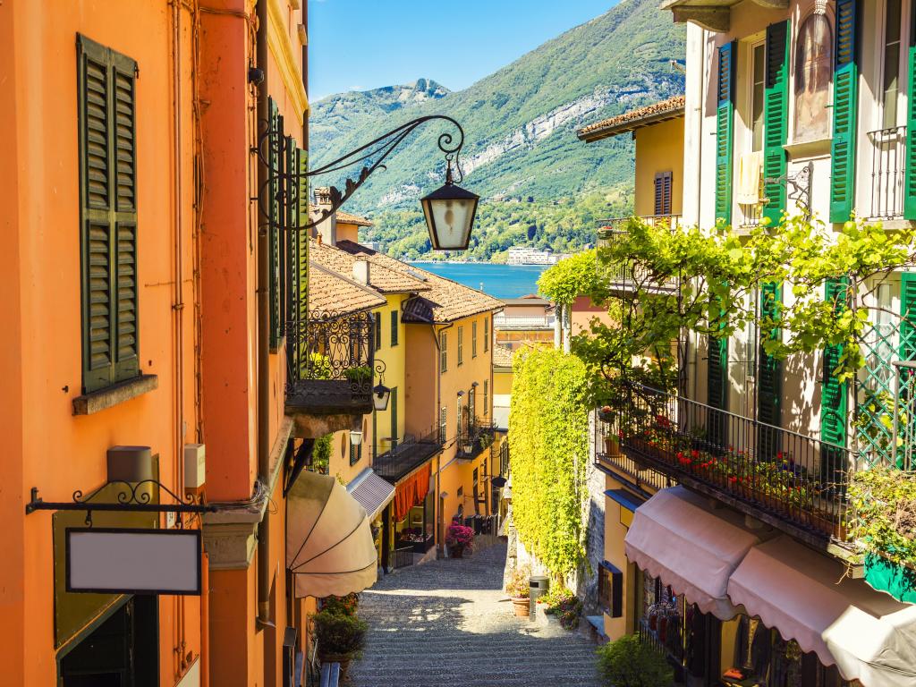 Picturesque and colorful old town street in Bellagio city, Italy