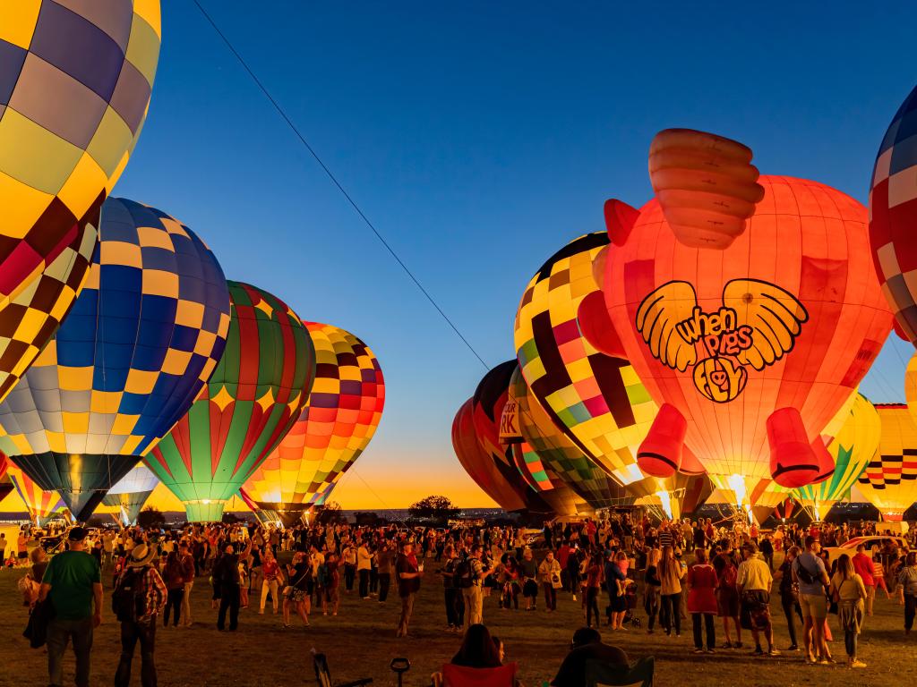 Night view of the Albuquerque International Balloon Fiesta event in October 2019 in Albquerque, New Mexico