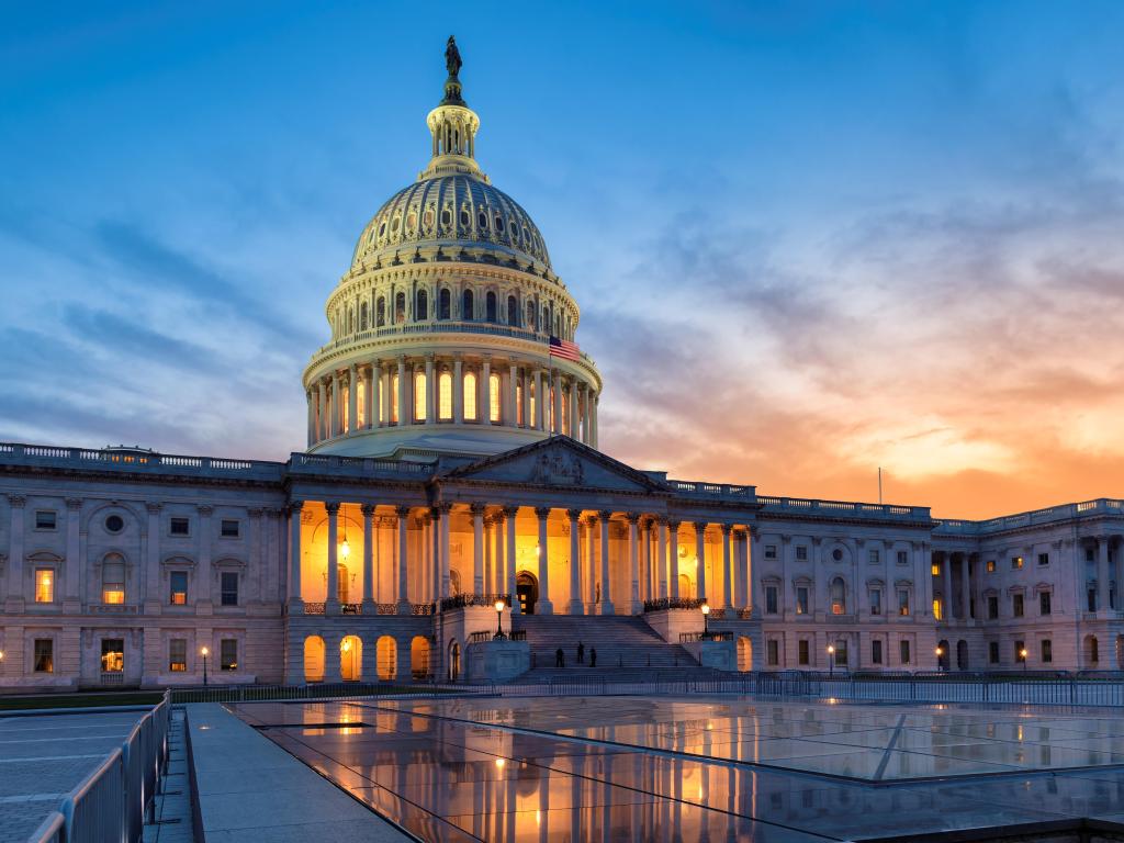 The United States Capitol building at sunset, Washington DC, USA.