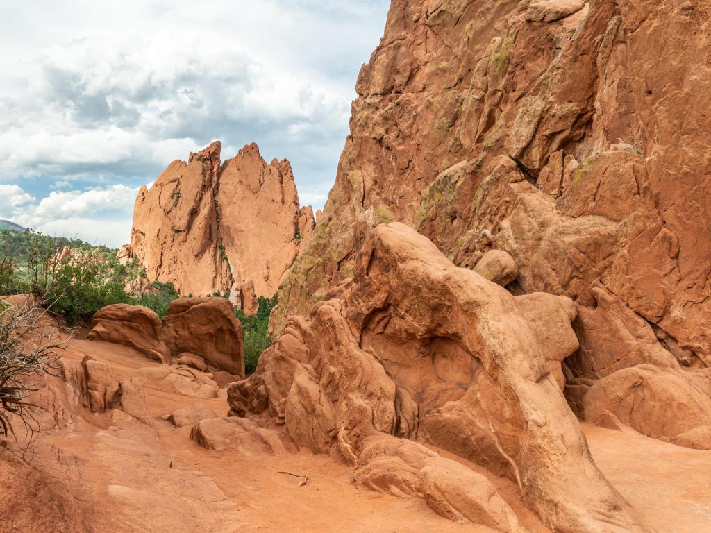 Close-up image of the rock formations in the Garden of the Gods on a cloudy day