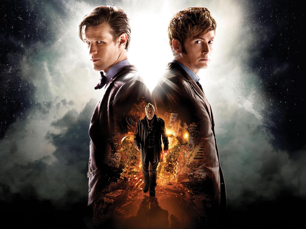 Promotional image of the 50th Anniversary Special of Doctor Who, with three of the most popular Doctors in the image