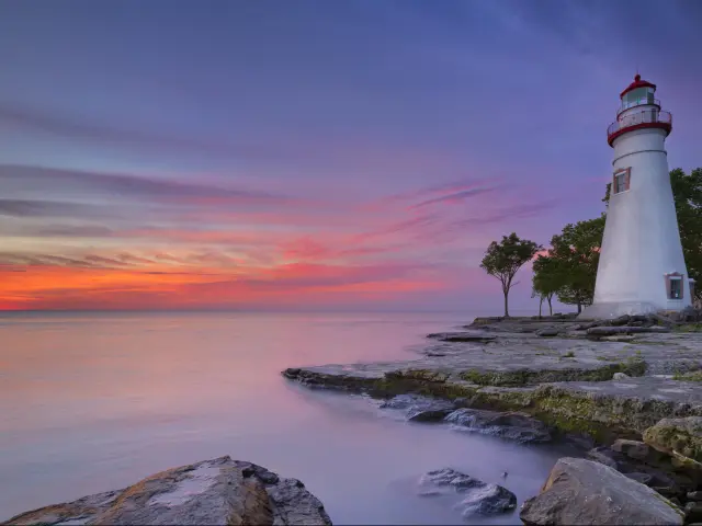 The Marblehead Lighthouse on the edge of Lake Erie in Ohio, USA taken at sunrise.