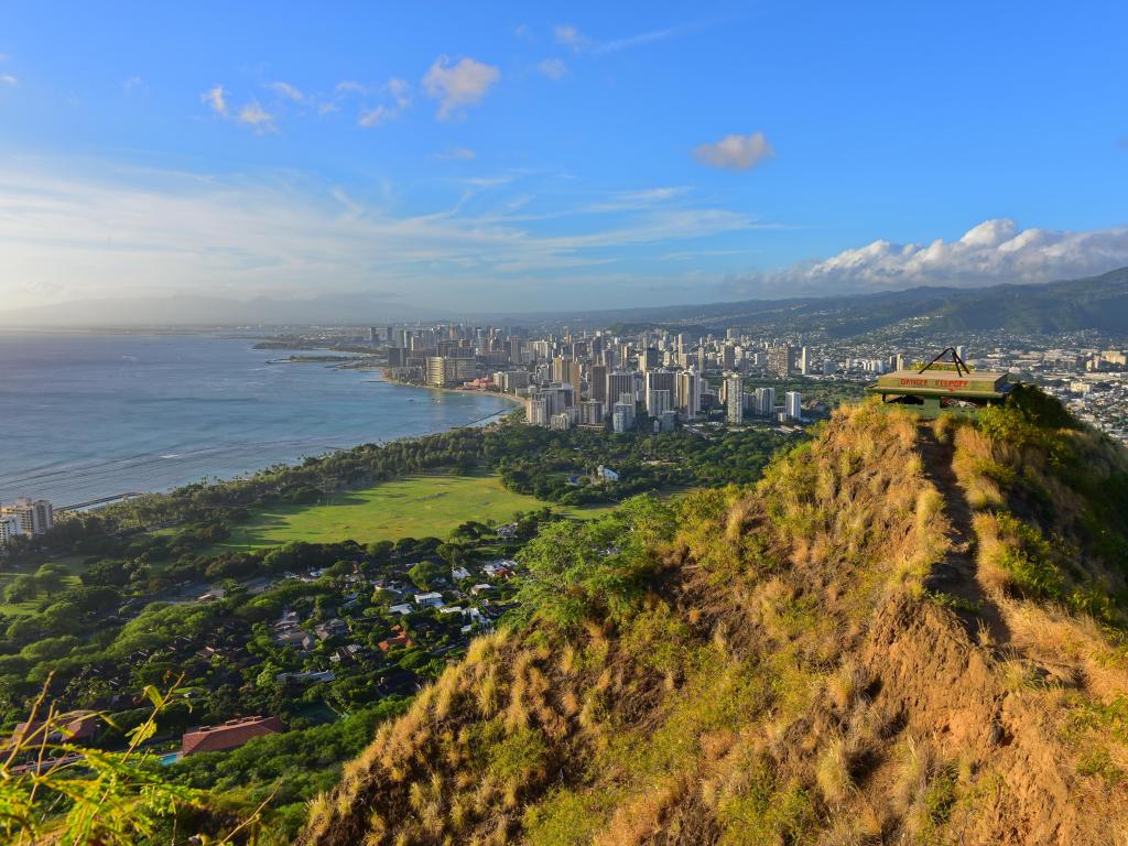 View of Honolulu and Waikiki Beach from the summit on a sunny day