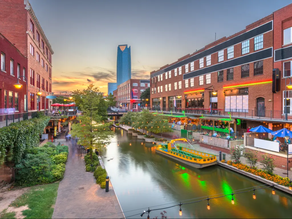 Restaurants and bars along a canal in the Bricktown neighborhood in Oklahoma City.