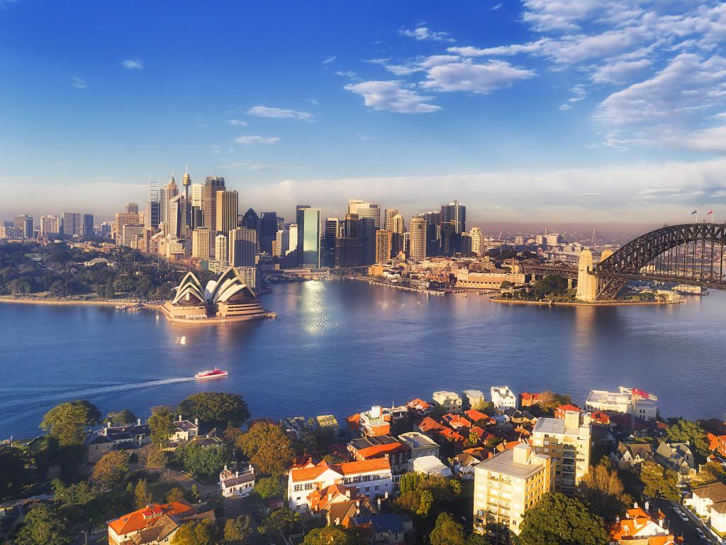 Sydney, Australia with a cityscape of Sydney taken on a sunny day. 