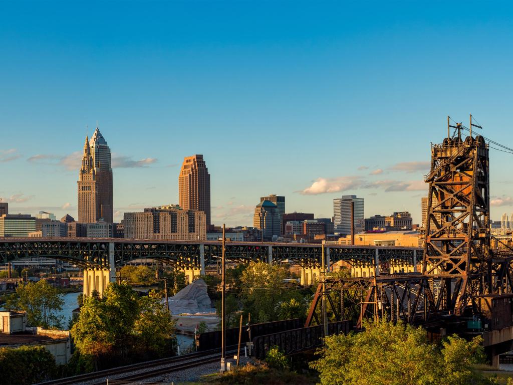 Panoramic view of Cleveland Ohio with bridges spanning the Cuyahoga, just before sunset