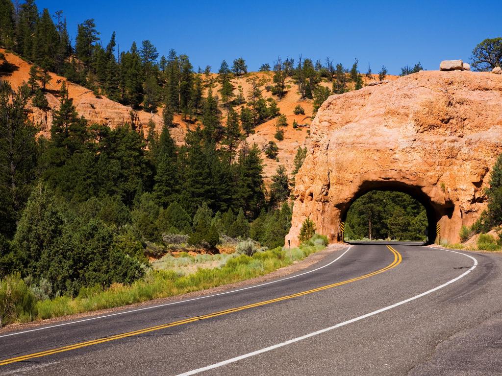 Road passing through red rock tunnel