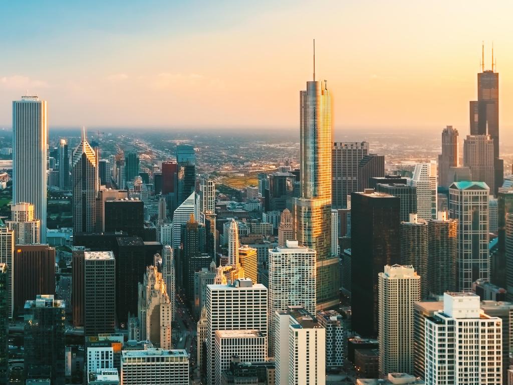 View of Chicago skyscrapers and cityscape at twilight 