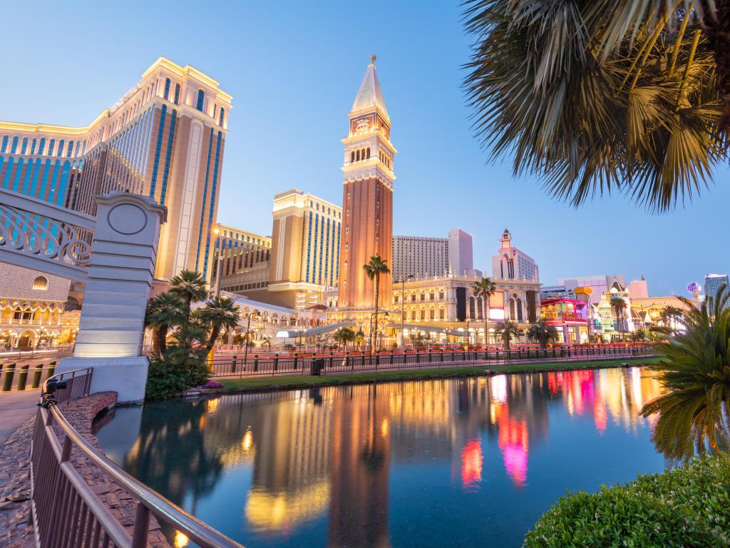 Las Vegas, Nevada, USA cityscape along the strip at twilight.