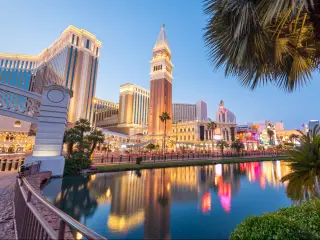Las Vegas, Nevada, USA cityscape along the strip at twilight.