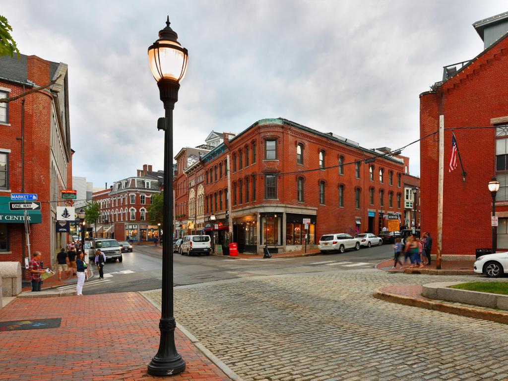 Historical Portland Old Port after sunset