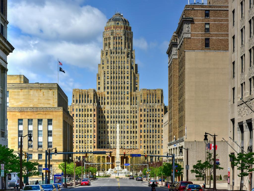 Buffalo, New York, USA with the Buffalo City Hall in the centre of Niagara Square and taken on a sunny day.