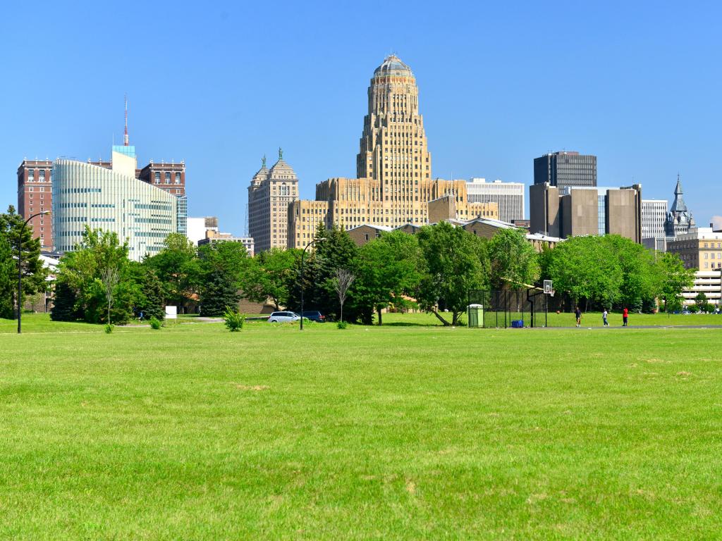 Buffalo, New York, USA with a green park in the foreground, trees and the city skyline in the distance on a clear sunny day.