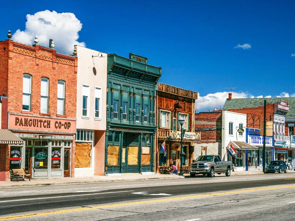 Wild West-style street on a sunny day with bright blue sky