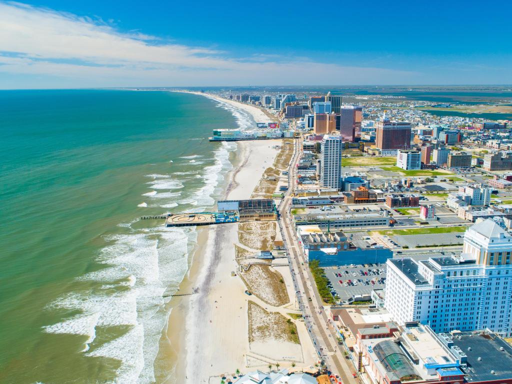 Aerial view of the Atlantic City Boardwalk along the coastline.