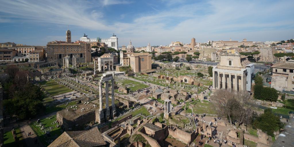 High up shot of the Roman Forum on a sunny day in Rome