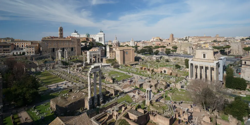 High up shot of the Roman Forum on a sunny day in Rome