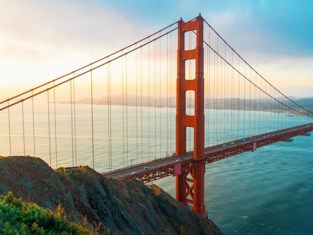 San Francisco's Golden Gate Bridge at sunrise from Marin County