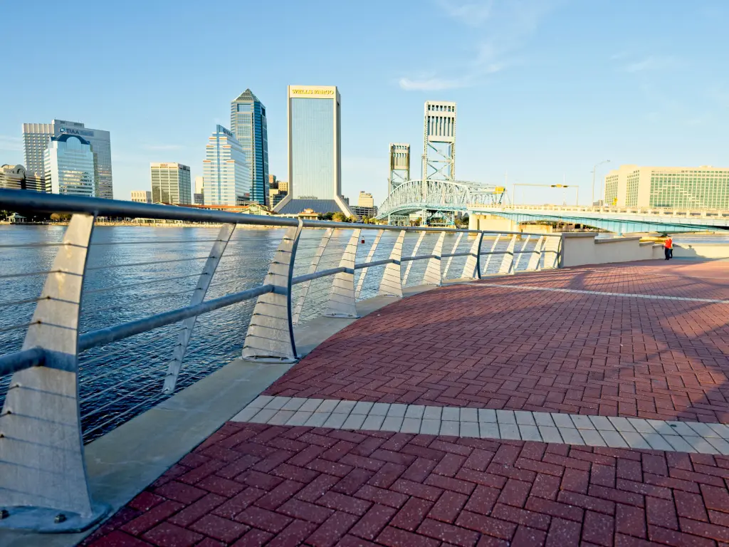 A promenade in Jacksonville with the view of the city across the water on a sunny day