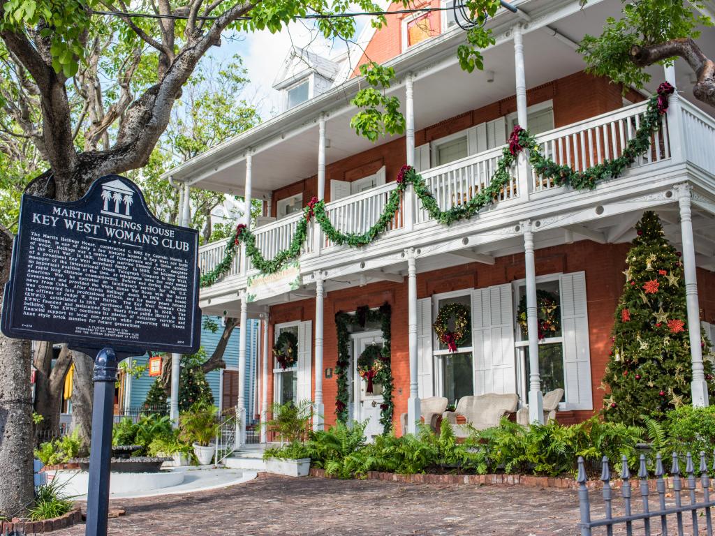 Historic Martin Hellings House Women's Club in Key West, FL decorated for the holidays
