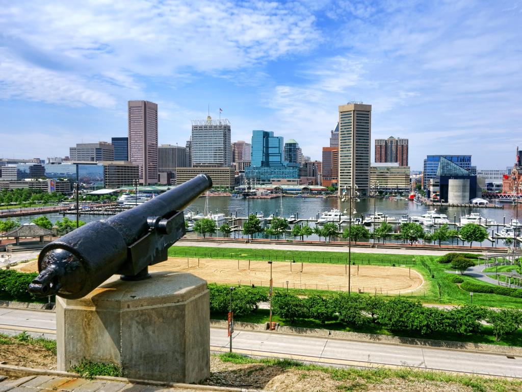 Baltimore Inner Harbor and downtown business district cityscape viewed from Federal Hill Park 