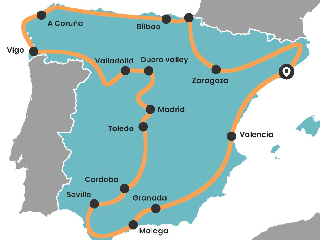 A month-long Spain road trip map that covers all the key sights, historic cities and amazing nature