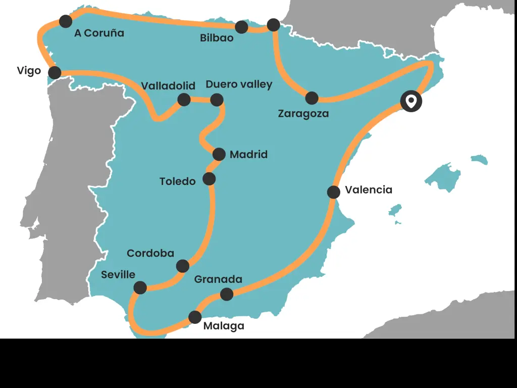 A month-long Spain road trip map that covers all the key sights, historic cities and amazing nature