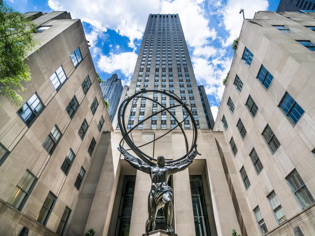 Famous Atlas Statue in front of the center, image taken from ground level, pointing up