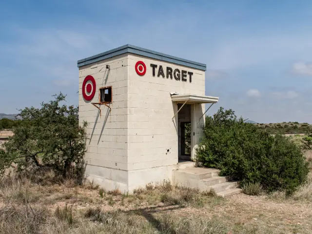 A small art installation set up in the desert in Marfa, Texas, designed to represent a tiny Target store