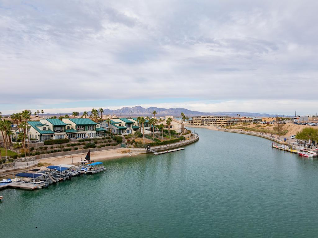 Lake Havasu City, Arizona, USA with a high angle view of the Lake Havasu City and harbor.