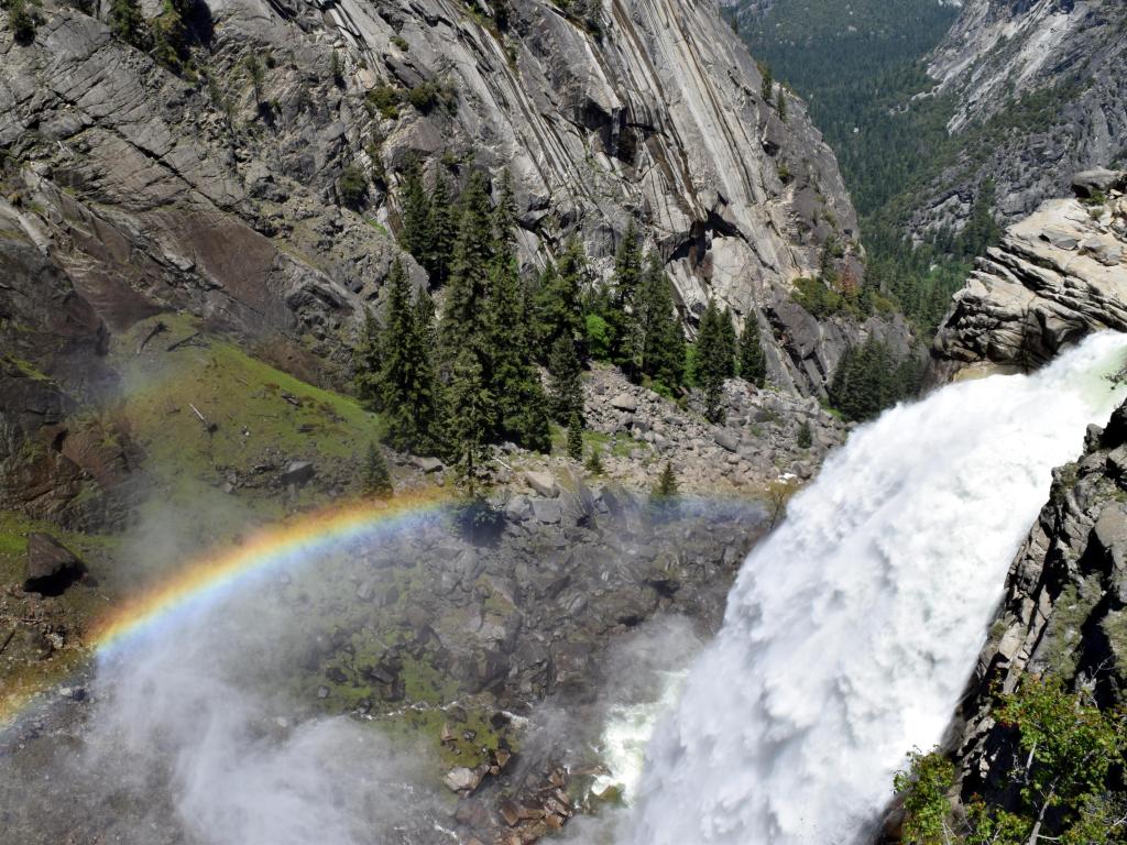 Waterfalls, photo taken from the top towards the bottom, a rainbow caused by the spray