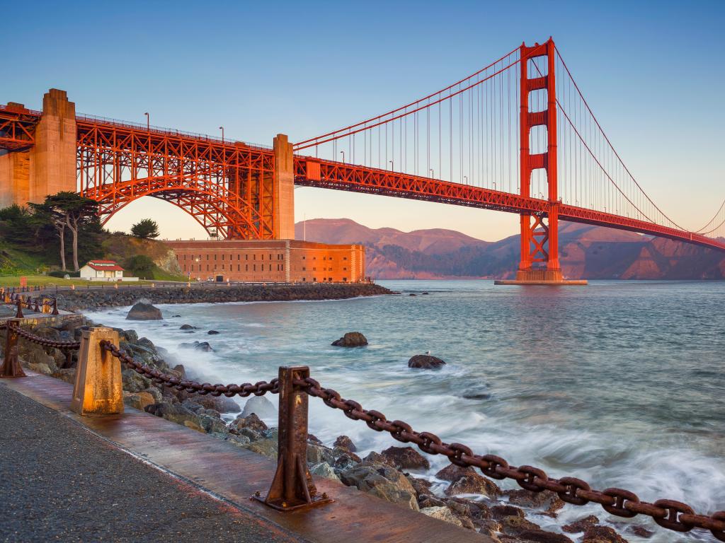 San Francisco, California, USA with a view of the Golden Gate Bridge in San Francisco, California during sunrise.