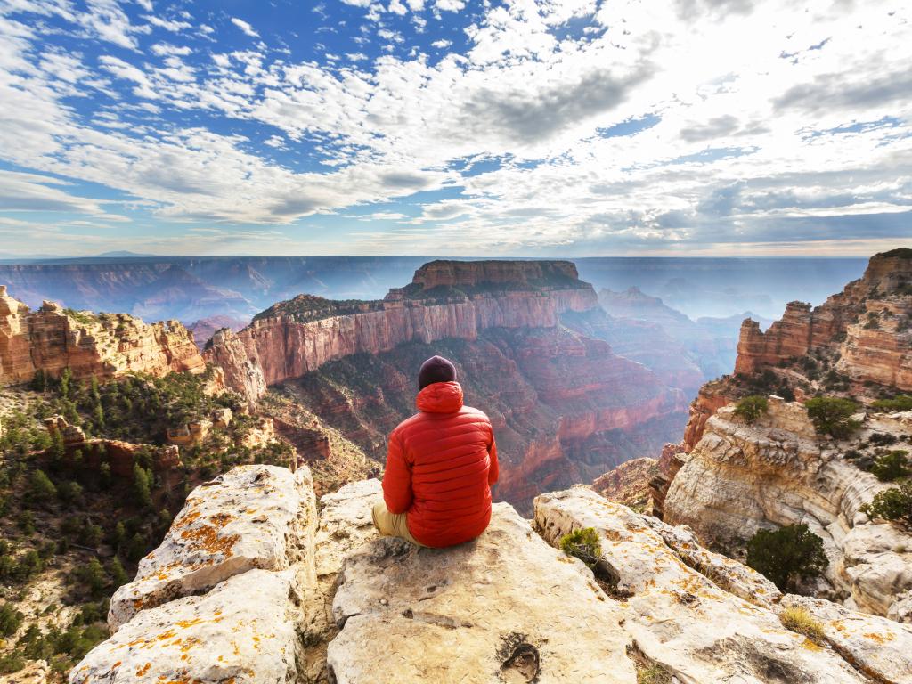 Hiker looking into the Grand Canyon from the top, Arizona