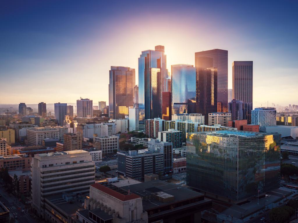 Los Angeles city center, California, USA taken at sunset over Los Angeles downtown. 