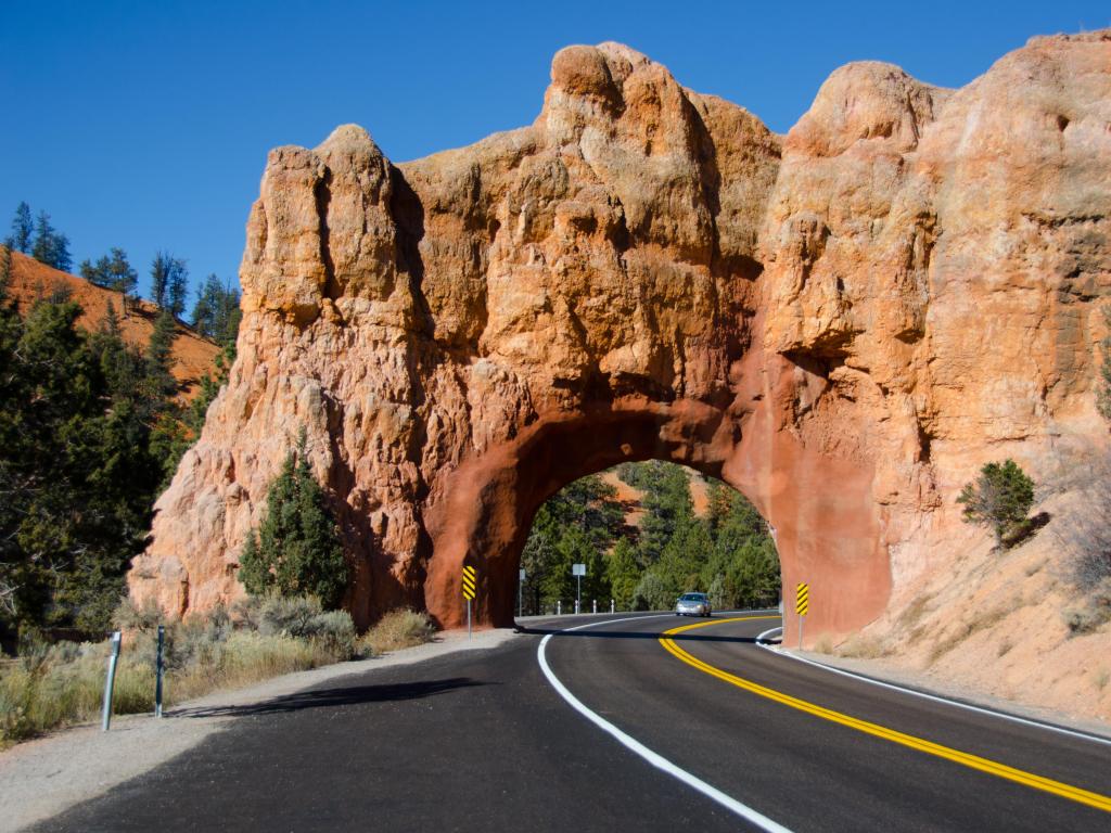 Dixie National Forest, Utah, USA taken at Bryce Canyon with a red canyon and a road through it taken on a sunny day.