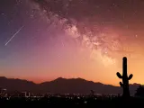A starry sky with the Milky Way visible over the city of Phoenix, Arizona, with cacti in the foreground 