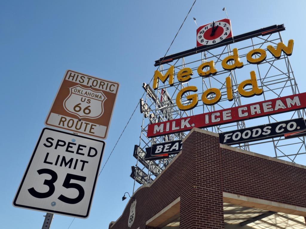 The iconic Meadow Gold milk sign was restored and reinstalled in 2009 on Route 66 in Tulsa, Oklahoma