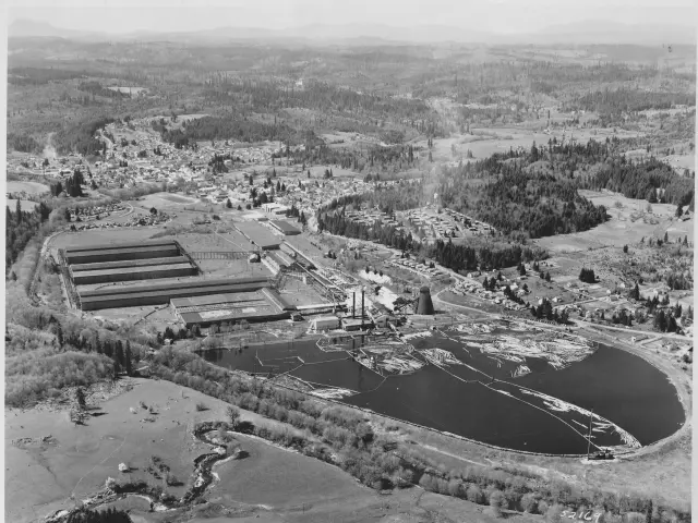 An aerial image of the logging mill in full action