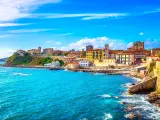 Piombino, Tuscany, Italy with a seafront view from piazza bovio. 