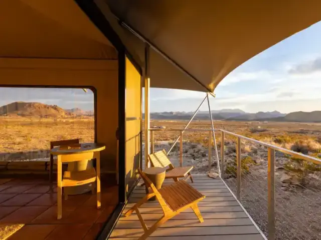 Expansive views of the wilderness from the veranda of the safari tent at Camp Elena, Terlingua, Texas