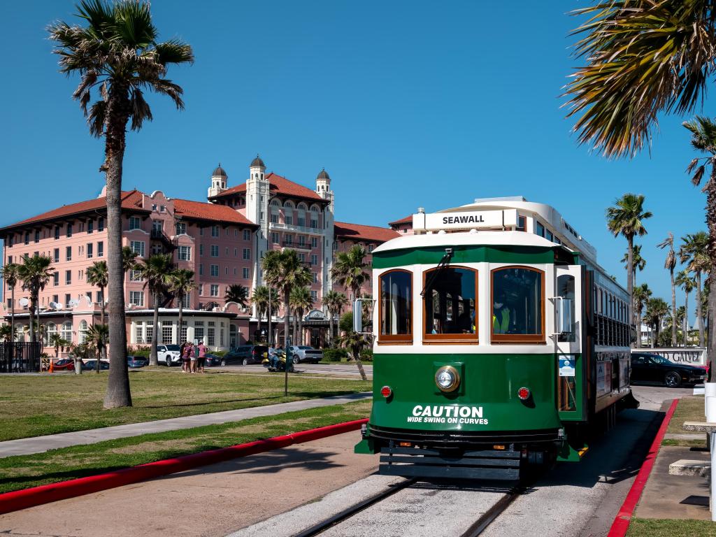 The Galveston Island Trolley Streetcar makes a stop in front of the Hotel Galvez, Galveston