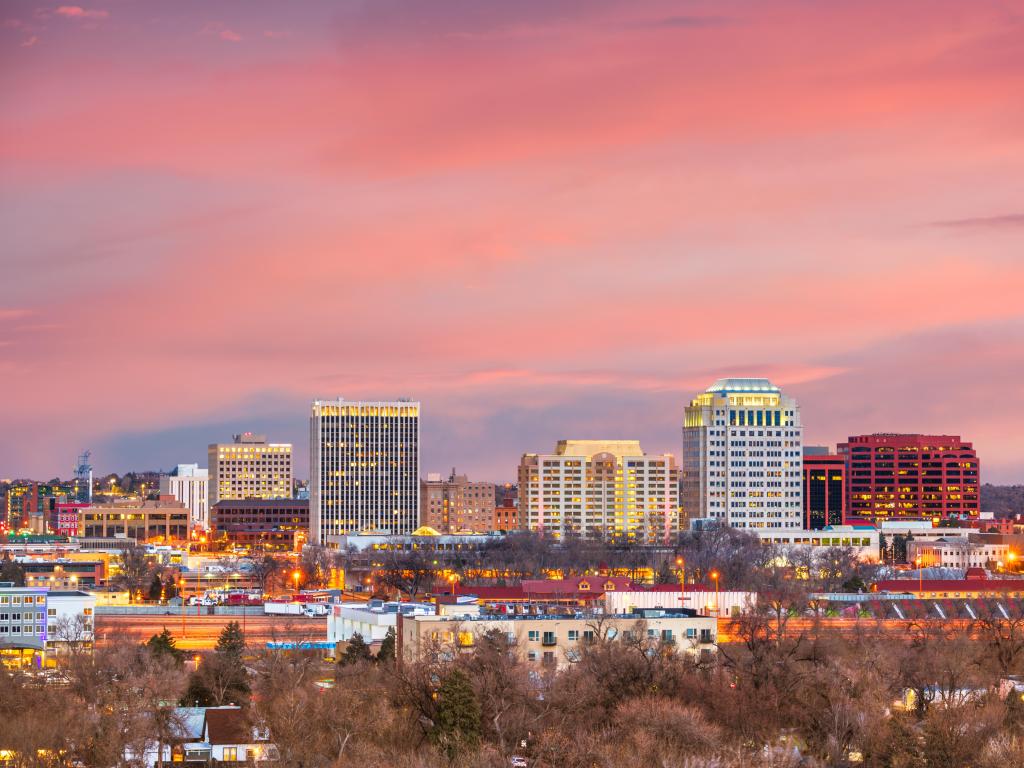 Colorado Springs, Colorado, USA downtown city skyline at dusk.