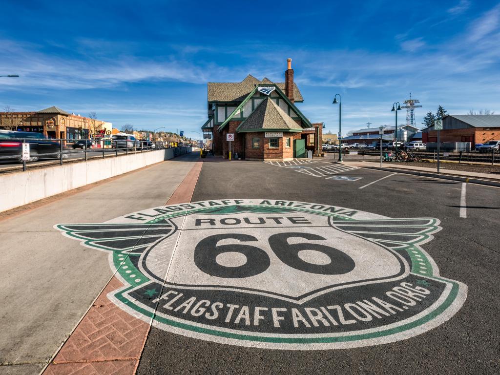 Historic train station in Flagstaff. It is located on Route 66 and is formerly known as Atchison, Topeka and Santa Fe Railway depot.