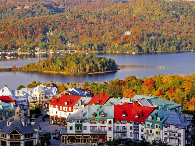 Mont Tremblant town, view of the lake and National Park in the fall