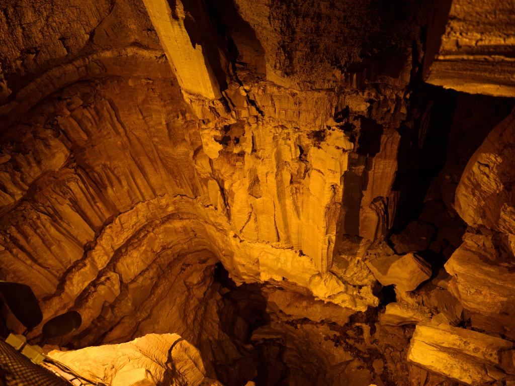 Mammoth Cave National Park interior, Kentucky, USA, looking down on a deep hole into the cave system.