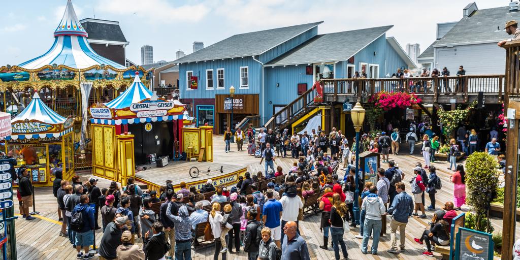 Shops and restaurants at Pier 39 on San Francisco Bay - part of Fishermans Wharf neighborhood.