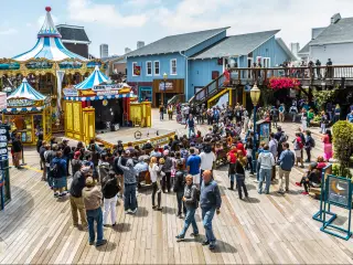 Shops and restaurants at Pier 39 on San Francisco Bay - part of Fishermans Wharf neighborhood.